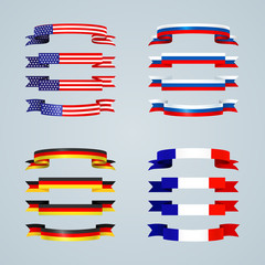 Flag ribbon of America USA France Germany Russia Set collection of bright curved flat banner ribbons icon ribbons Flag national colors of the countries of America USA France Germany Russia Vector icon