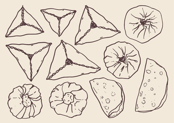 Hand-drawn national Tatar bakery. Vector illustration. National food of the Tatars. Echpochmak, kystybyi and peremyach.