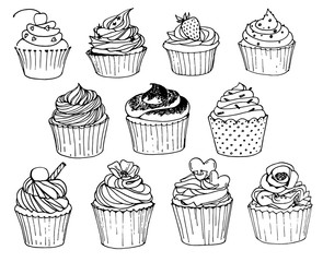 Hand-drawn set with cupcakes on white background. Black-white vector illustration.