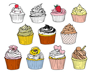 Hand-drawn set with cupcakes on white background. Vector illustration.