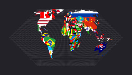 Worldmapwith flags of each country. Eckert II projection. Map of the world with meridians on dark background. Vector illustration.