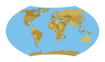 Fototapeta na wymiar World Map. Wagner projection. Map of the world with meridians on blue background. Vector illustration.