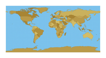 World Map. equirectangular (plate carree) projection. Map of the world with meridians on blue background. Vector illustration.
