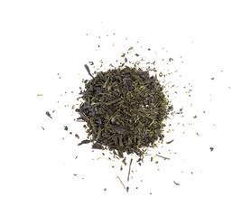 Dried green tea leaves isolated on white background