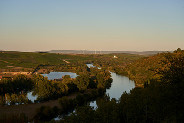 Blick auf Fahr am Main und die Weinberge an der Volkacher Mainschleife, Unterfanken, Bayern, Deutschland