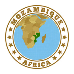 Obraz premium Mozambique logo. Round badge of country with map of Mozambique in world context. Country sticker stamp with globe map and round text. Vector illustration.