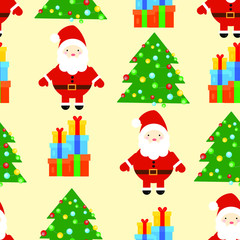 This is seamless pattern texture of Christmas Santa Claus, Christmas tree and gift box on yellow background. Cartoon vector illustration. Wrapping paper.