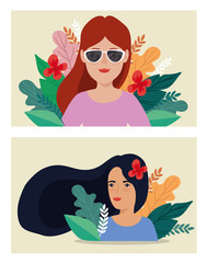 group women with tropicals leafs scenes avatar character vector illustration design