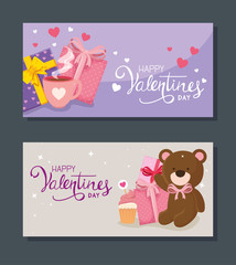 set cards of happy valentines day with decoration vector illustration design