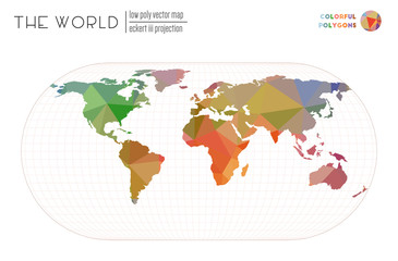 Low poly world map. Eckert III projection of the world. Colorful colored polygons. Elegant vector illustration.