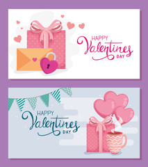 set cards of happy valentines day with decoration vector illustration design