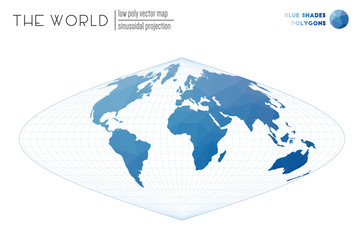 Vector map of the world. Sinusoidal projection of the world. Blue shades colored polygons. Modern vector illustration.