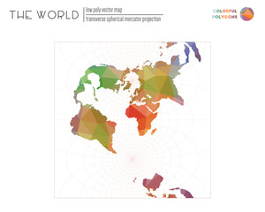 Abstract world map. Transverse spherical Mercator projection of the world. Colorful colored polygons. Energetic vector illustration.