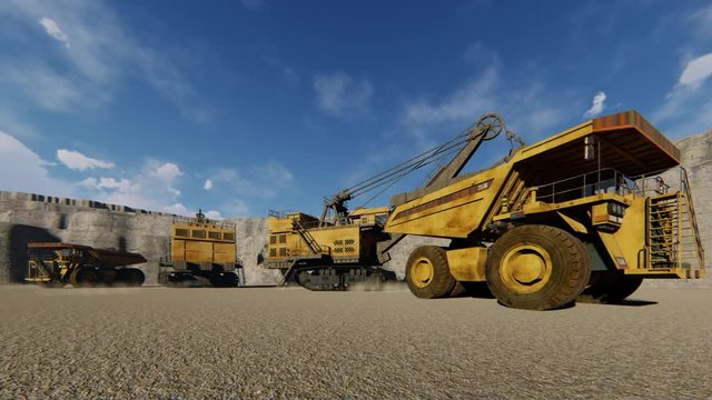 quarry dump trucks work, 3D illustration