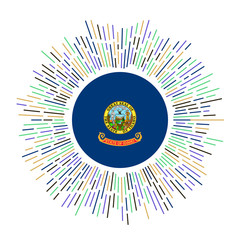 Idaho sign. US state flag with colorful rays. Radiant sunburst with Idaho flag. Vector illustration.
