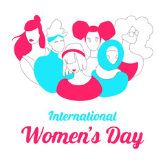 Woman concept with diverse group of different age, race on white background. Millennials flat contour vector illustration for international Women's Day 8 March. Isolated template outline characters.