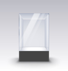 Empty Glass Showcase on pedestal. Museum glass box isolated advertising or business design boutique