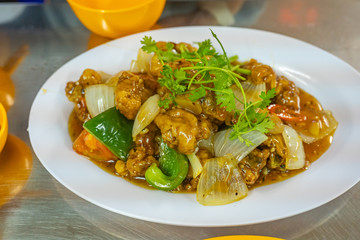 Tasty deep-fried spare pork rib with sweet and sour sauce