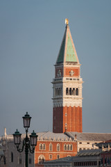 View of St. Mark's Campanile and Ornate Street Light in Venice