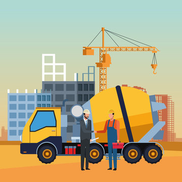 enginner and builder and concrete mixer truck over under construction scenery background