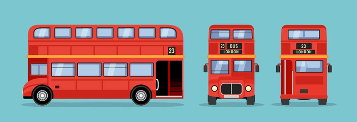 London double decker red bus cartoon illustration, English UK british tour front side isolated flat bus icon © kolonko