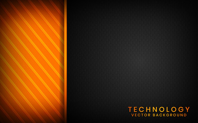 Abstract 3D black technology background overlap layers on dark space with orange light effect decoration. Modern graphic design template elements for poster, flyer, brochure, or banner
