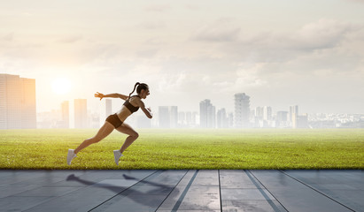 Sportswoman run race. Mixed media