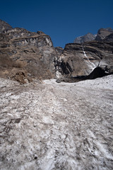 Cruel path,Snow in Himalaya Annapurna mountain base camp, Nepal.