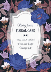 Vector floral greeting card with a frame of  watercolor tulips, chrysanthemums and jasmine