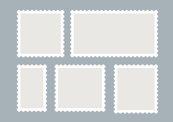 Blank postage stamps vector set isolated. Mark mail letter stamps design. Postal frame sticker