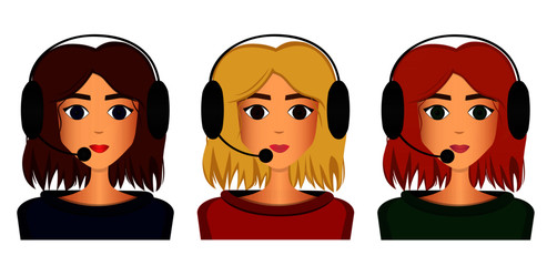 Girl in headphones with a microphone. Call center. Support service. Blonde, brunette, brown-haired and blonde