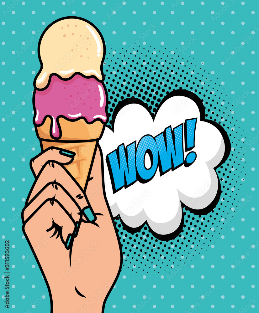 Poster hand with ice cream and wow expression pop art style vector illustration design