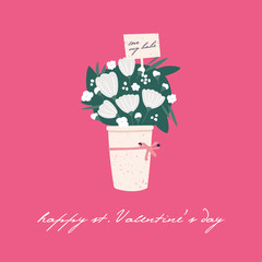 Vector illustration for Valentines day. Beautiful flowers bouquet with greeting card. Template for card, poster, flyer and other users.
