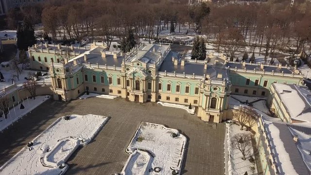 Aerial to Mariyinsky Palace in winter . Official ceremonial residence of the President of Ukraine in Kyiv and adjoins the neo-classical building of the Verkhovna Rada parliament of Ukraine