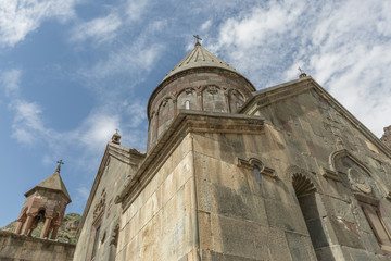 Looking up at the roof of a monastery and the sky in Armenia