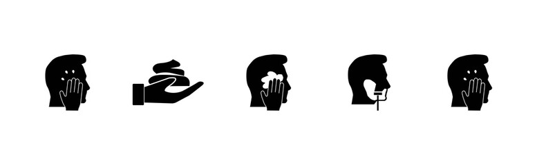 Icon set Man for shaving, various stages of shaving, Man washing, Man applying foam on his face, Beard haircut, Shaving, infographics, Editable brush stroke, On a white background.