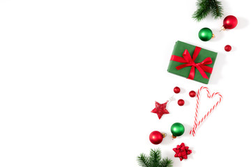 Christmas holiday composition. Xmas decorations on white background. Christmas, New Year, winter concept. Flat lay, top view, copy space