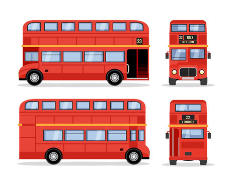 London double decker red bus cartoon illustration, English UK british tour front side isolated flat bus icon