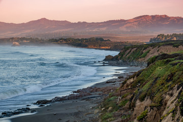 Early morning along the Pacific Coast of California at Leffingwell Landing State Park, looking toward the hills of San Simeon, not far from the Hearst Castle, a famous tourist attraction.  