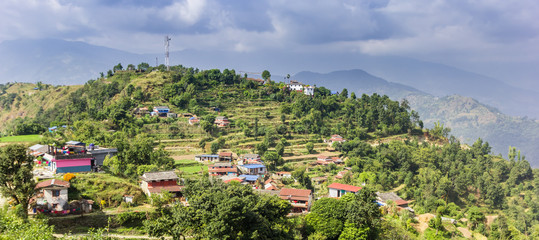 Panorama of a small mountain village near Pokhara, Nepal - obrazy, fototapety, plakaty