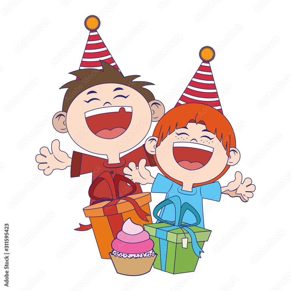 Wall mural cartoon happy boys with birthday gifts boxes icon