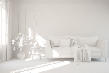 Mock up of stylish room in white color with sofa. Scandinavian interior design. 3D illustration