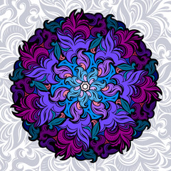 Vintage decorative bright colorful mandala with neon effect. Decorative floral background drawn by hand. Damask, Baroque, Rococo, Victorian motifs. Template cards, invitations, greetings, cover