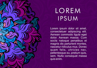 Vintage decorative background with bright colorful mandala and neon effect. Decorative floral background drawn by hand. Damask, Baroque, Rococo, Victorian motifs. Template cards, invitations, cover