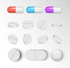 Pills medicine capsule vector icon isolated set. Pharmacy pill treatment painkiller or vitamin medicine