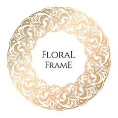 Golden round frame for design template. Luxury ornament in Damascus, celtic style. Premium floral illustration with lily. Ornate decor, border for invitation, card, logo design, label, badge, tag