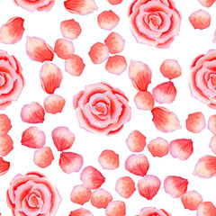 Pretty watercolor seamless pattern with roses and petals on white background