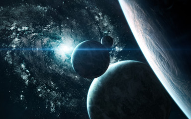 Planets of deep space on background of blue galaxy. Science fiction. Elements of this image furnished by NASA