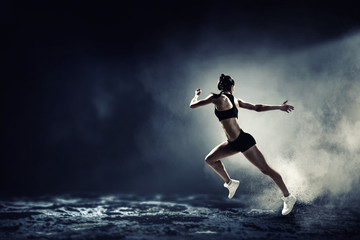 Sportswoman run race. Mixed media - obrazy, fototapety, plakaty