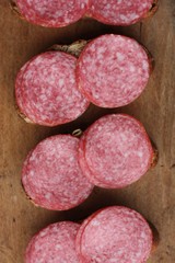 Sandwiches with bread and sausage on the table 